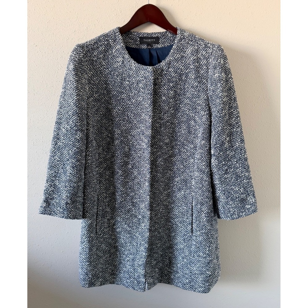 Talbots Women's L Navy Ivory Boucle Tweed Collarless Coat Jacket